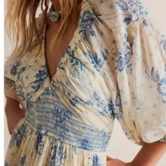FREE PEOPLE Golden Hour Maxi Dress Floral Ivory Blue Boho Large 🆕📦🏃🏻💨🚚 - Picture 4 of 16